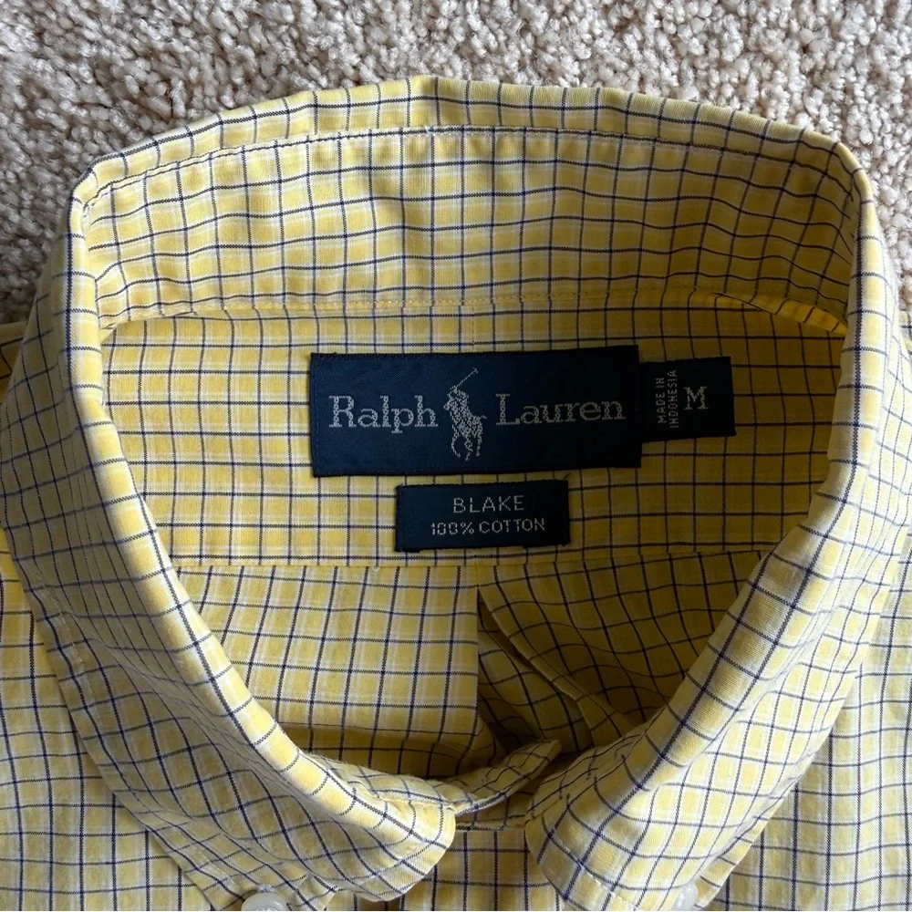 Ralph Lauren Blake Shirt Mens M Yellow Check Short Sleeve Button Up Pony Logo - Picture 2 of 7